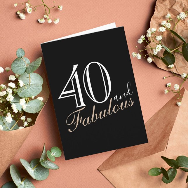40 och Fabulous Modern Script Black 40 Birthday Kort (Skapare uppladdad)