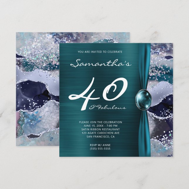 40 och Fabulous Ocean Blue Teal Agate Birthday Inbjudningar (Fram/baksida)