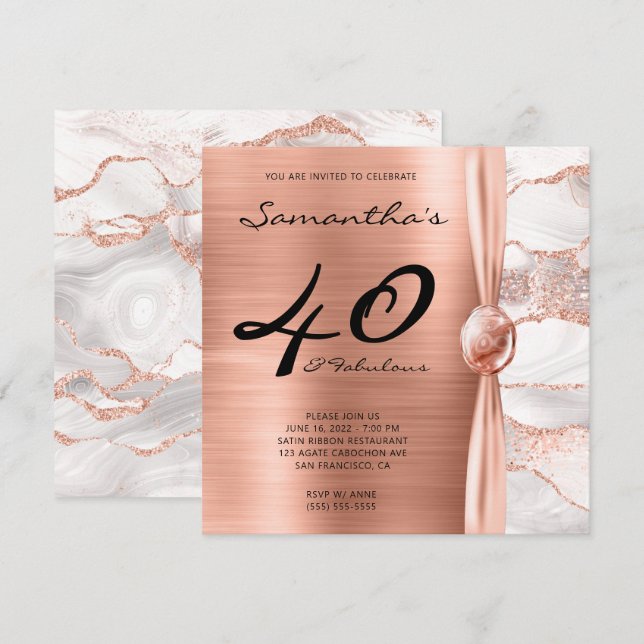 40 och Fabulous Ro Guld och White Agate Birthday Inbjudningar (Fram/baksida)