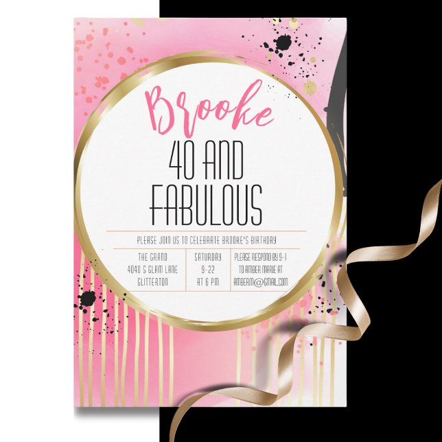 40 och Fabulous Rosa Black Abstrakt 40:e födelseda Inbjudningar (Skapare uppladdad)