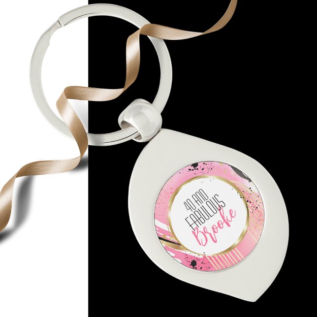 40 och Fabulous Rosa Black Elegant Sophisticated Swirl Silverfärgad Nyckelring (Skapare uppladdad)