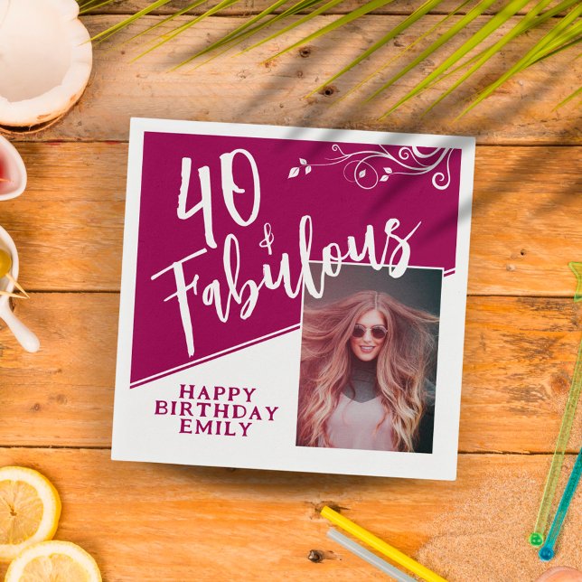 40 och Fabulous Script Photo Magenta 40:e födelsed Pappersservett (Skapare uppladdad)