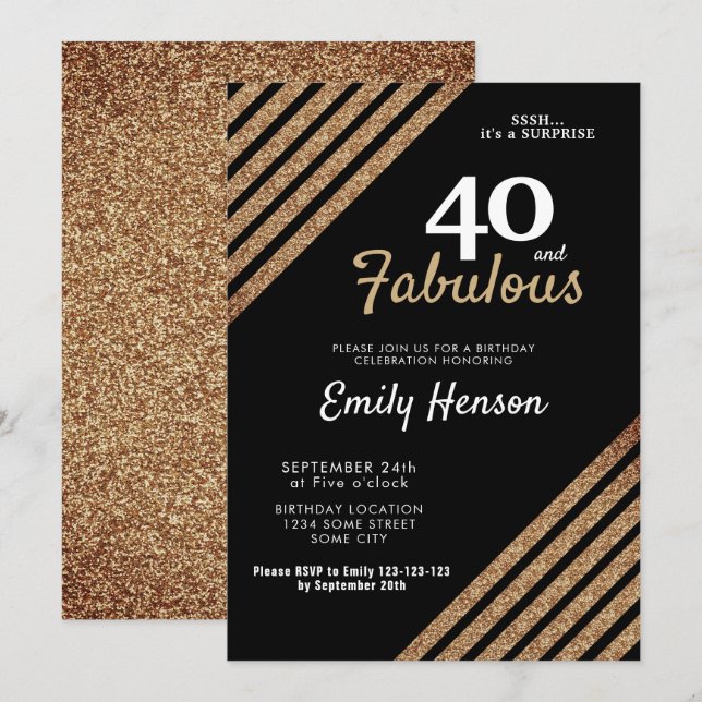 40 och fantastisk Elegant Guld Glitter 40-årsdag Inbjudningar (Fram/baksida)