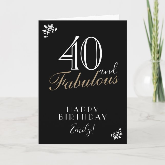 40 och fantastisk elegant svart 40-års födelsedags kort (Framsida)