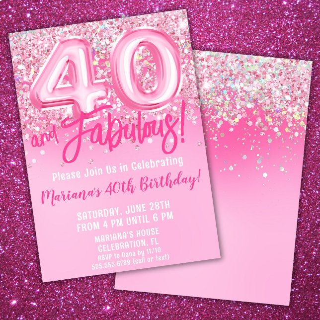 40 och fantastisk födelsedag rosa glitter inbjudningar (Skapare uppladdad)