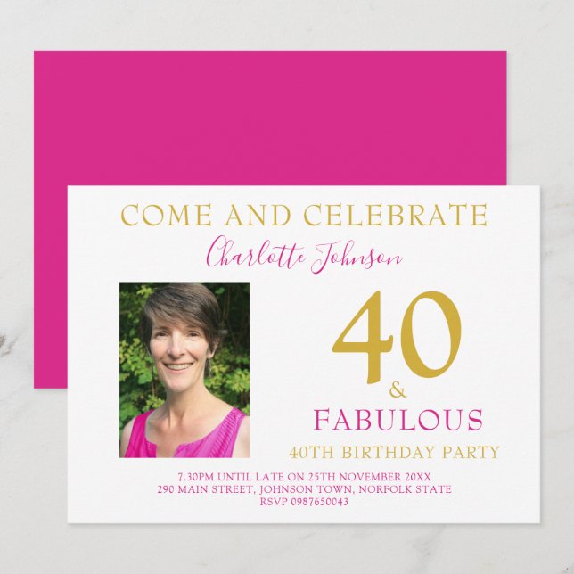 40 och fantastisk Foto Modern 40-årsdag rosa Inbjudningar (Fram/baksida)