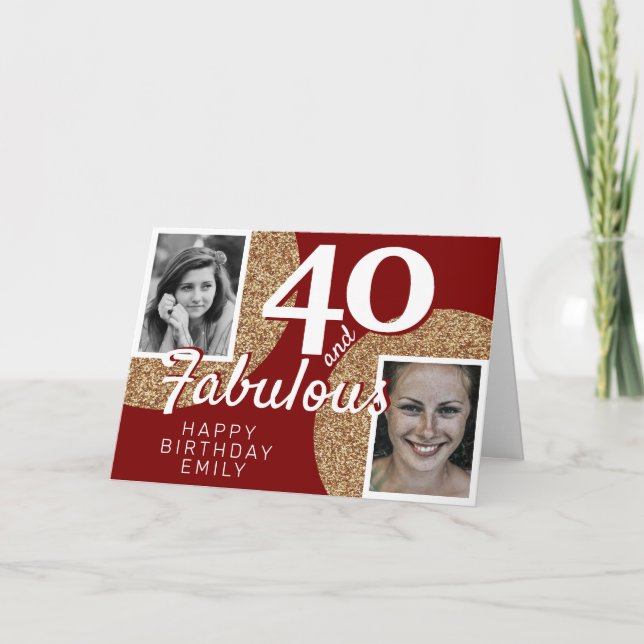 40 och fantastisk guldglitter 2 foto 40-årsdag kort (Framsida)