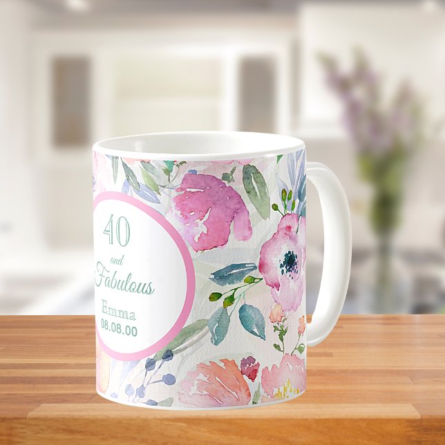 40 och fantastiska vattenfärgade rosa blommor boho kaffemugg (Skapare uppladdad)
