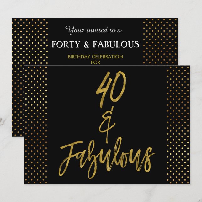 40 och inbjudan till Fabulous Gold Foil Birthday (Fram/baksida)