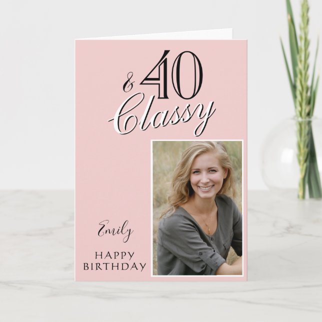 40 och Klassig Rosa 40-års Födelsedagsfoto Kort (Framsida)