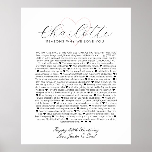 40 saker jag älskar med dig årsdag Poste Poster (Framsidan)