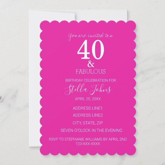 40 Shock rosa Vit Scallopped Inbjudningar (Framsida)