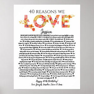 40 skäl till att vi kärlek dig födelsedagsprese poster