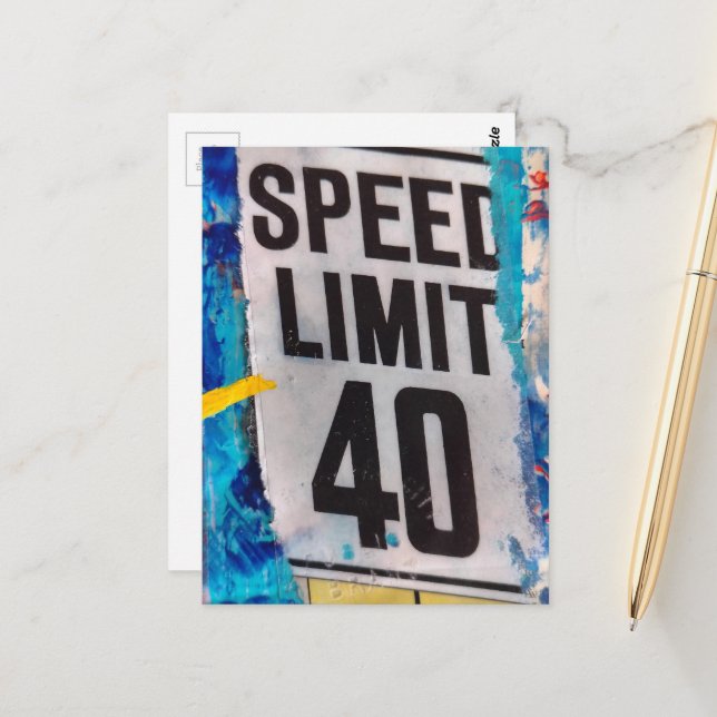 40 Speed Limit mixed media collage Vykort (Fram/Back In Situ)