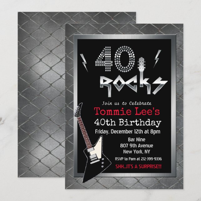40 Sten Rockstar Guitar 40:e födelsedagsinbjudan Inbjudningar (Fram/baksida)