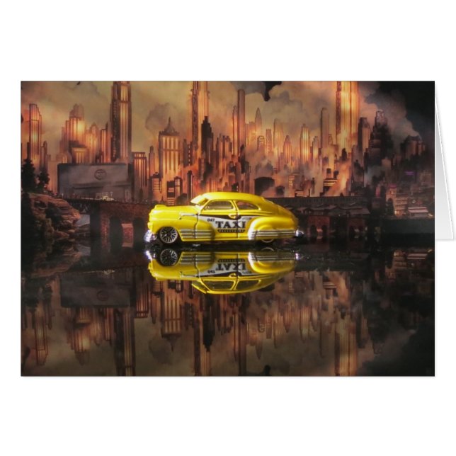 40-talminiatyrtaxi framme av NYC-bakgrunden Hälsningskort (Framsidan Horizontal)