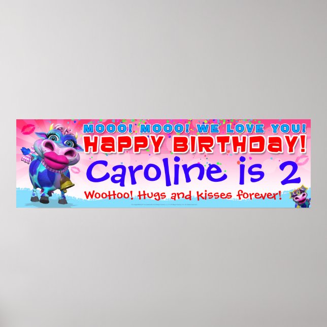 40" x12 " GiggleBellies Kissy Moo Birthday Banner" Poster (Framsidan)