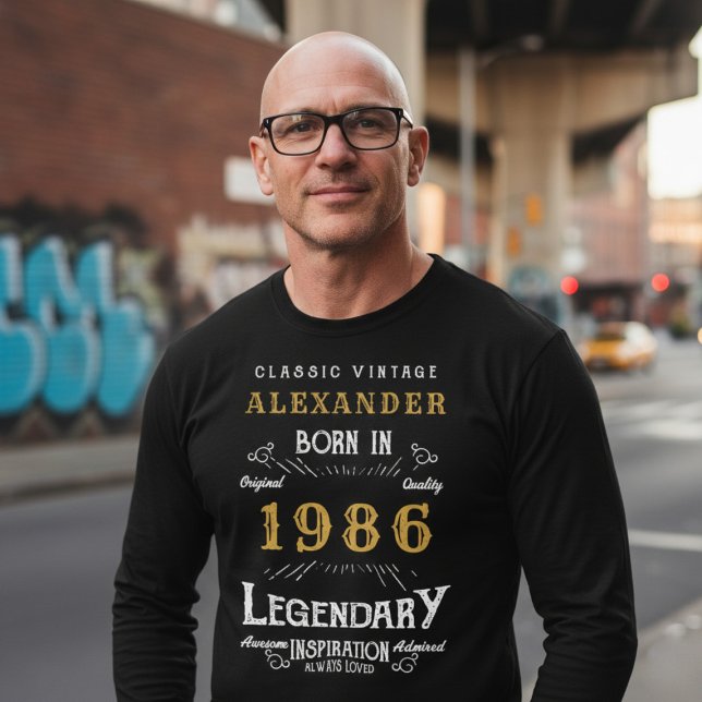 40th Birthday 1986 Add Name Black Gold Legendary T Shirt (Born 1986 long sleeve t-shirt. Background out of focus.  )