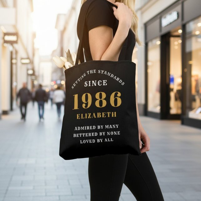 40th Birthday 1986 Black Gold For Her Personalized Tygkasse (Born 1986 birthday tote bag. Background out of focus.)