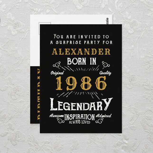 40th Birthday 1986 Black Gold Legend Invitation Vykort (1986 birthday invitation postcard. Background white lace.)