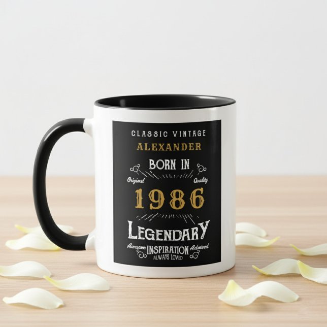 40th Birthday 1986 Legend Retro Black Personalized Mugg (Born 1986 birthday gift mug. Grey background wood top with petals.)