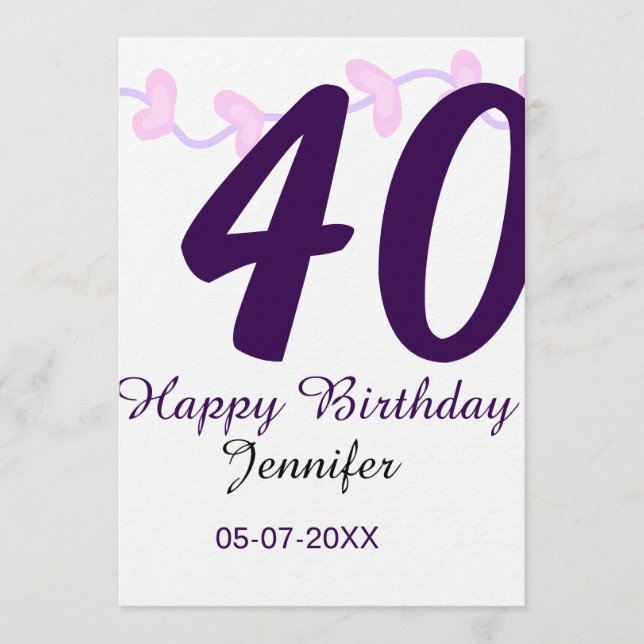 40th birthday add name date year purple floral pin inbjudningar (Framsida)