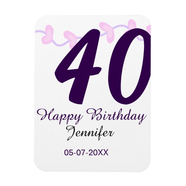 40th birthday add name date year purple floral pin magnet (Vertikal)