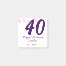 40th birthday add name date year purple floral pin post-it block