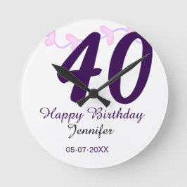 40th birthday add name date year purple floral pin rund klocka