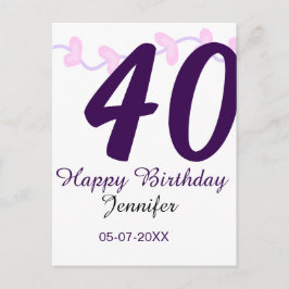 40th birthday add name date year purple floral pin vykort