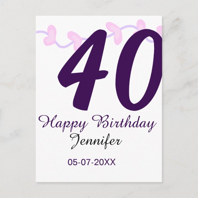40th birthday add name date year purple floral pin vykort (Framsida)