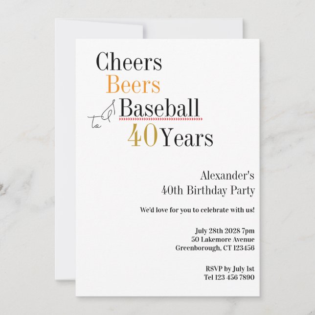 40th Birthday Baseball Cheers Beers 40 Years Party Inbjudningar (Framsida)