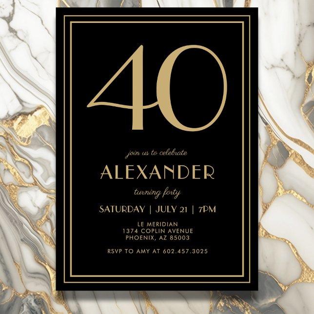 40th Birthday Black and Gold Modern Minimal Adult Inbjudningar (Elegant black and gold 40th birthday invitation design for him or her.)
