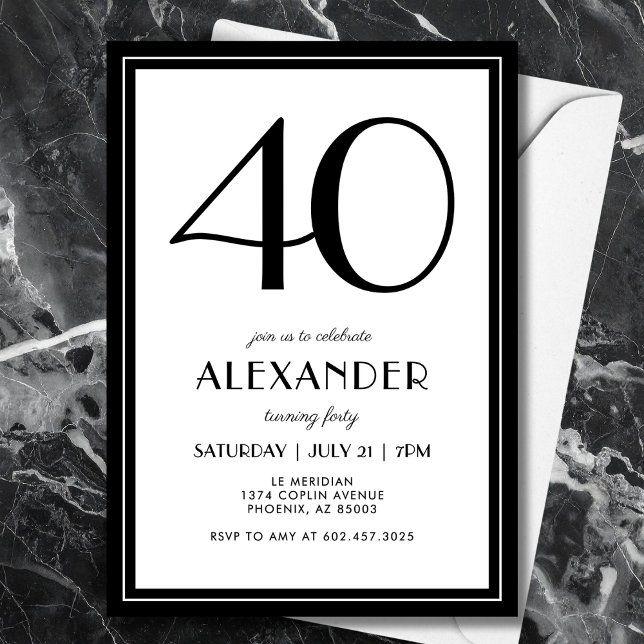 40th Birthday Black and White Modern Minimalist  Inbjudningar (A chic black and white invitation that blends modern minimal design with elegance.)