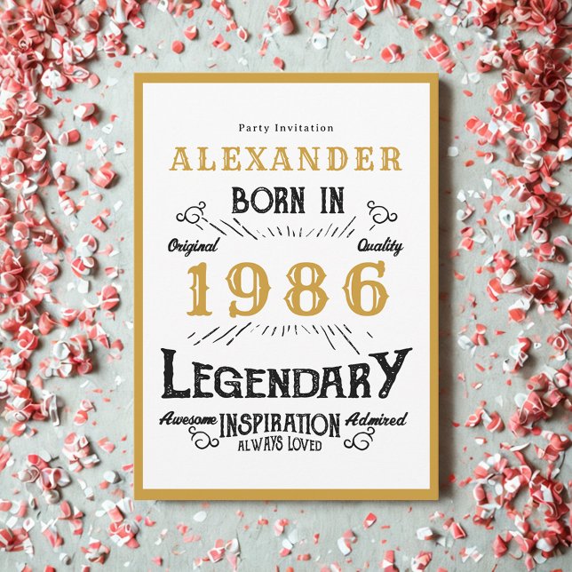40th Birthday Born 1986 White Gold Legend Inbjudningar (Born 1986 birthday invitation.)