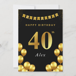40th Birthday Card Black and Gold Balloons Kort