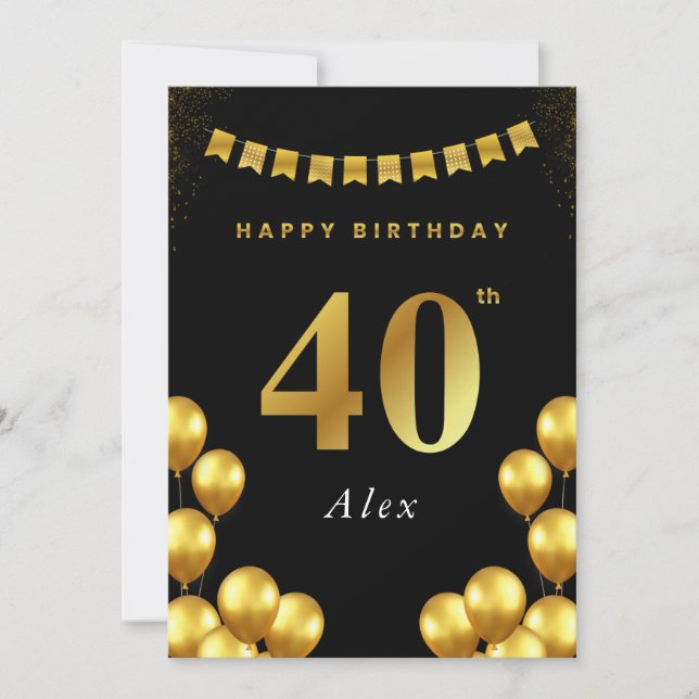 40th Birthday Card Black and Gold Balloons Kort (Framsida)