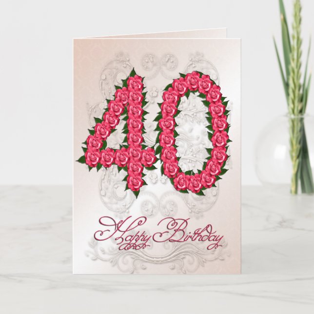 40th birthday card with roses and leaves kort (Framsida)