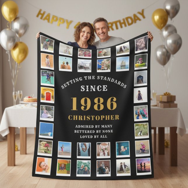 40th Birthday Family Memories Photo Collage  Fleecefilt (1986 black photo template fleece blanket held up by a couple. )