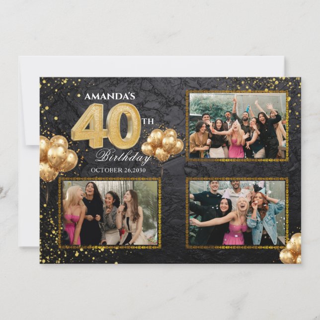 40th Birthday Gold Silver Black Balloons Inbjudningar (Framsida)