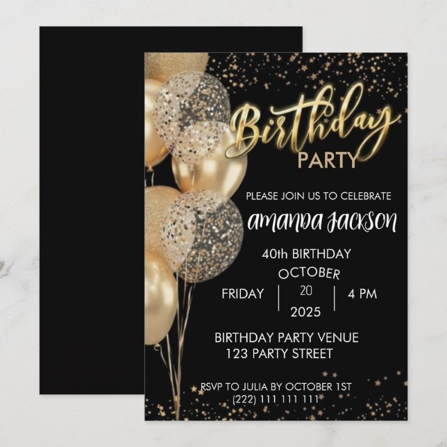 40th Birthday Invitation Black Gold Balloons Inbjudningar (Fram/baksida)