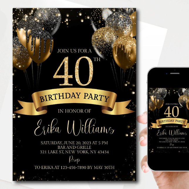 40th Birthday Invitation Template: Black Gold Ball Inbjudningar (Skapare uppladdad)