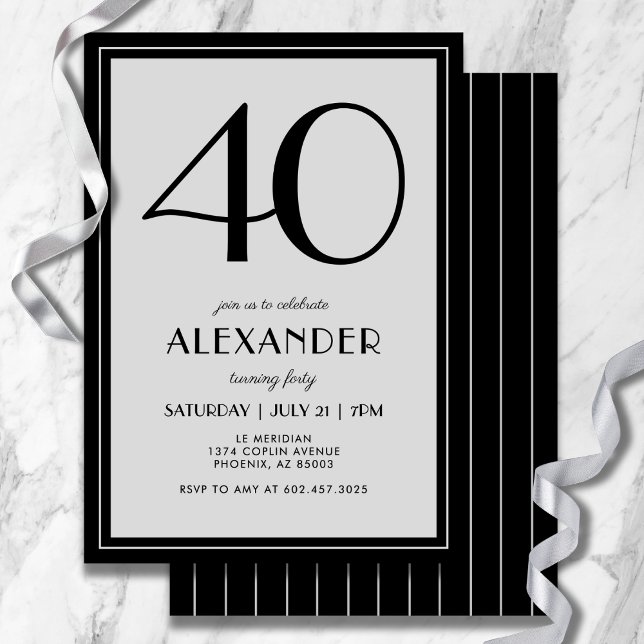 40th Birthday Modern Minimalist Mens Black Gray Inbjudningar (A chic, gender-neutral invitation perfect for any milestone birthday.)