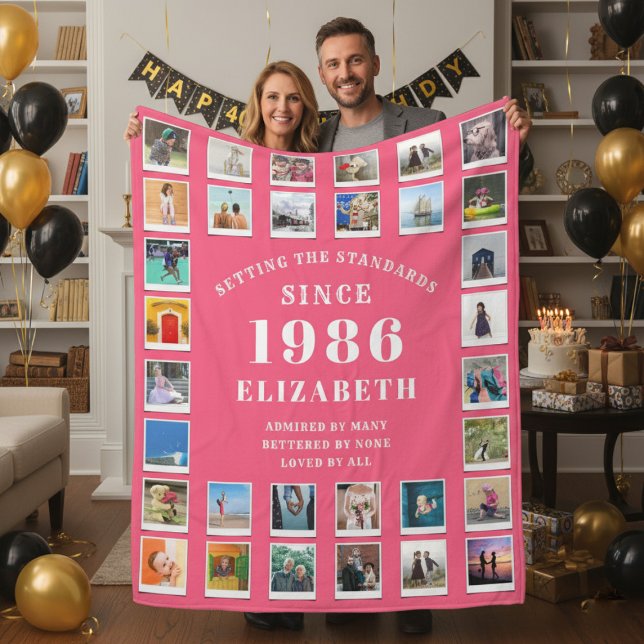 40th Birthday Mother Family Photo collage Pink Fleecefilt (Born 1986 pink photo blanket held by a couple.)