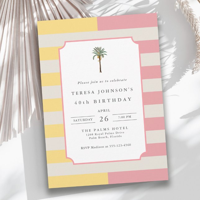 40th Birthday Palm Beach Pastel Stripe Tropical Inbjudningar (Available in both printed and instant download digital formats.)