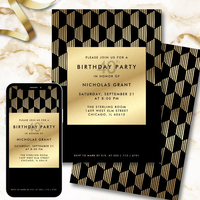 40th Birthday Party Modern Black and Gold Foil Inbjudningar (Skapare uppladdad)