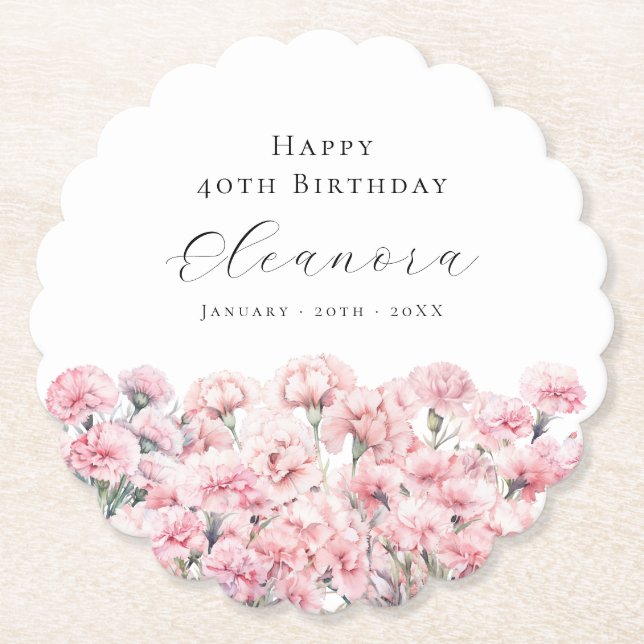40th Birthday Pink Carnation January Birth Flower Underlägg Papper (Framsida)