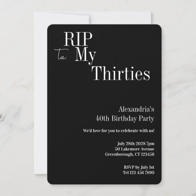 40th Birthday RIP 30s Black and White Party Inbjudningar (Framsida)