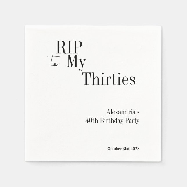40th Birthday RIP 30s Black White Minimal Party Pappersservett (Framsidan)