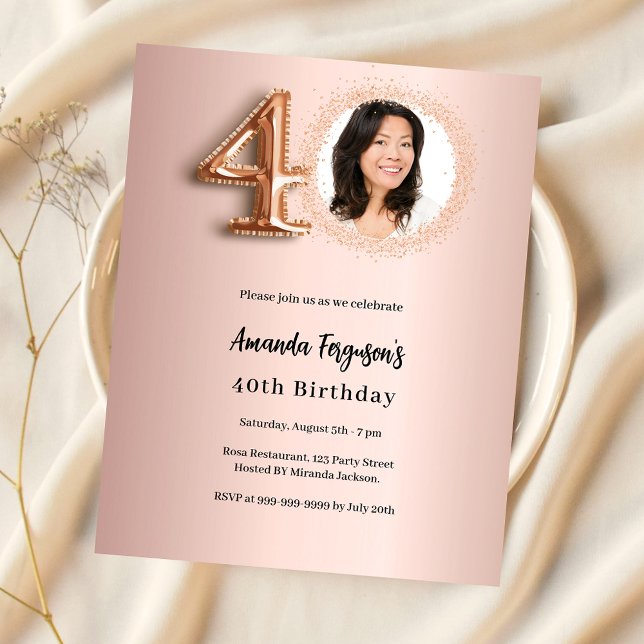 40th Birthday rose gold photo invitation (Skapare uppladdad)